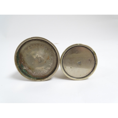 1139 - Two Victorian silver plate gill measures of shaped form with beaded detail and touch marks, one engr... 