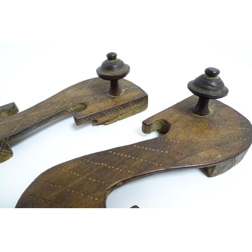 1142 - A pair of 19thC Indian carved hardwood paduka / khadaun sandals / shoes with incised detail. Approx.... 