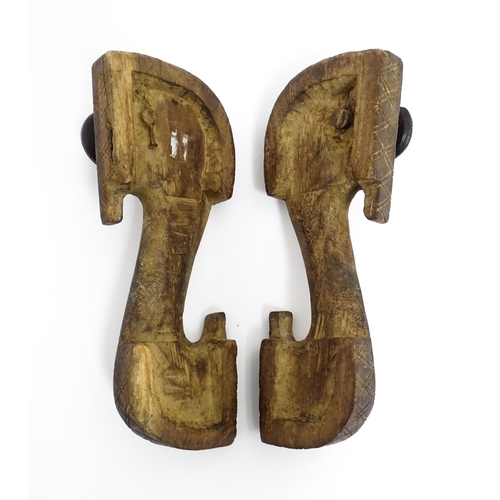 1142 - A pair of 19thC Indian carved hardwood paduka / khadaun sandals / shoes with incised detail. Approx.... 