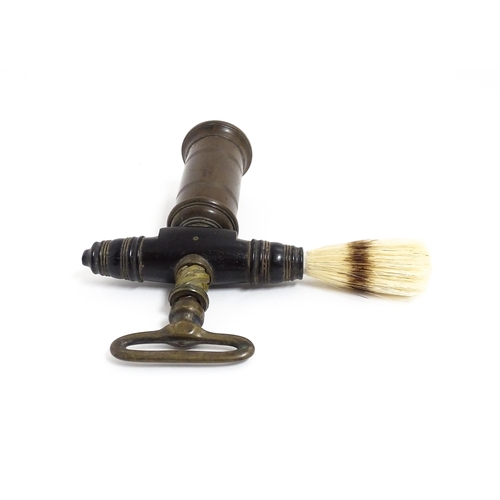 1143 - A 19thC double action corkscrew with bronzed barrel and turned hardwood handle with brush. Approx. 7... 