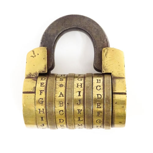 1180 - A Victorian brass letter combination padlock. Stamped Barron's Strand. Unlock code 'JOKE'. Approx. 2... 