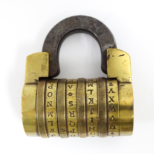 1180 - A Victorian brass letter combination padlock. Stamped Barron's Strand. Unlock code 'JOKE'. Approx. 2... 