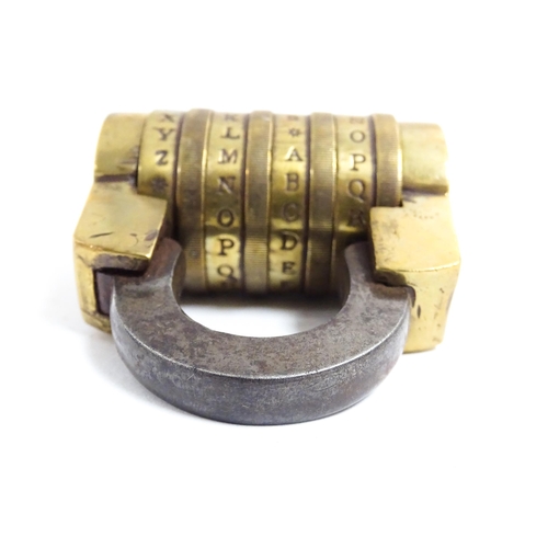 1180 - A Victorian brass letter combination padlock. Stamped Barron's Strand. Unlock code 'JOKE'. Approx. 2... 