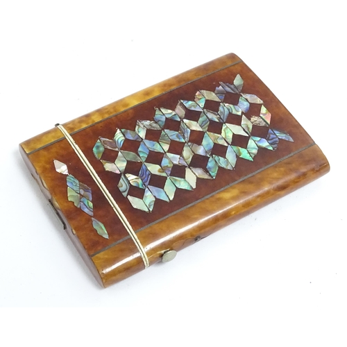 1187 - A Victorian tortoiseshell card case of rectangular form with inlaid abalone geometric decoration. Ap... 