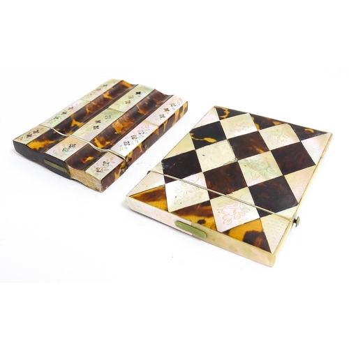 1189 - A Victorian card case with tortoiseshell and mother of pearl decoration. Together with another of sh... 