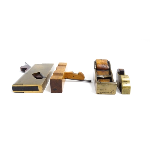 1201 - Four miniature woodworking / carpentry plane tools , comprising a Victorian brass chariot plane with... 