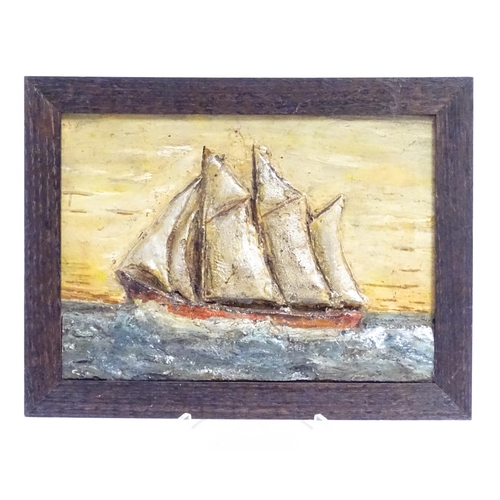 1209 - A 20thC relief panel with folk art painted detail depicting a sailing ship at sea. Approx. 7 3/4