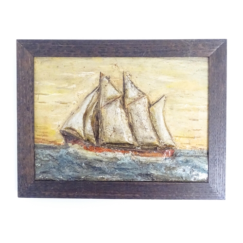 1209 - A 20thC relief panel with folk art painted detail depicting a sailing ship at sea. Approx. 7 3/4