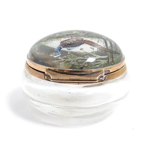 1234 - An early 20thC glass pot with Essex crystal mother of pearl intaglio cabochon to lid depicting a phe... 