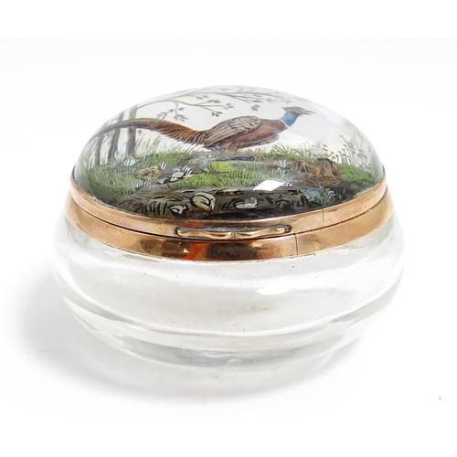1234 - An early 20thC glass pot with Essex crystal mother of pearl intaglio cabochon to lid depicting a phe... 