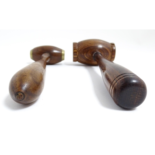 1240 - A 20thC treen turned wooden gavel with banded detail to handle. Together another with brass detail t... 