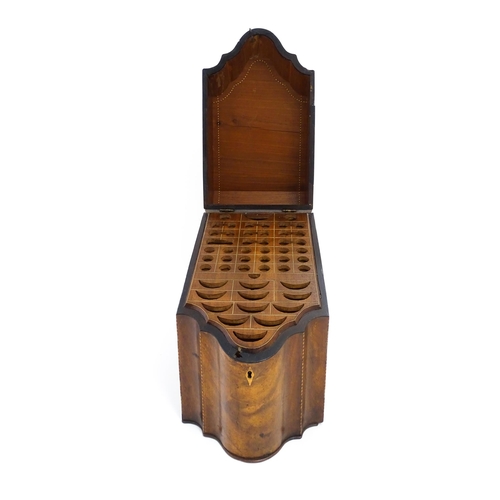 1272 - A 19thC mahogany knife box with serpentine front, satinwood stringing, opening to reveal cutlery div... 