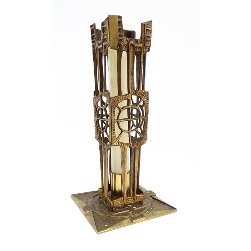 1273 - A large 20thC cast brass Modernist ecclesiastical / altar candlestick of abstract form, the base dec... 