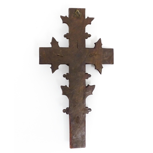 1274 - A 19thC carved hardwood crucifix with Black Forest style foliate decoration with applied cast Christ... 