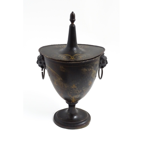 1276 - A 19thC toleware chestnut urn and cover with twin lion mask and ring handles, the simulated rosewood... 