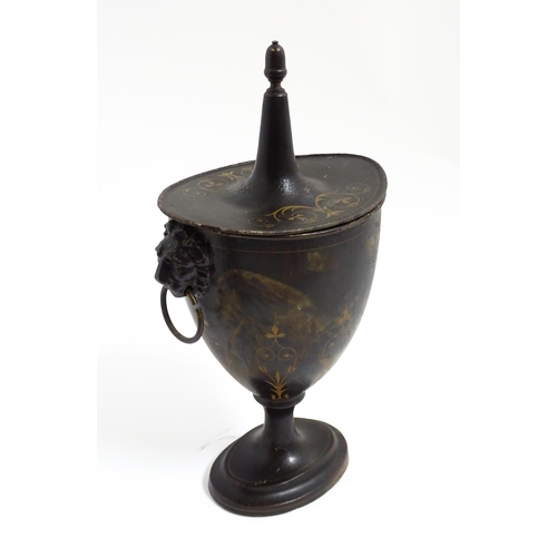 1276 - A 19thC toleware chestnut urn and cover with twin lion mask and ring handles, the simulated rosewood... 