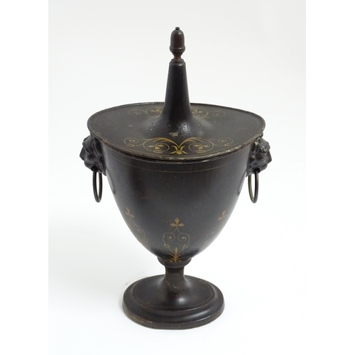 1276 - A 19thC toleware chestnut urn and cover with twin lion mask and ring handles, the simulated rosewood... 