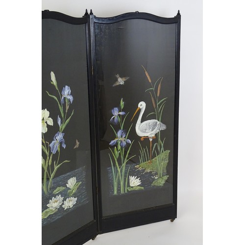 1532 - An Aesthetic movement three fold screen with hand painted detailing. 74