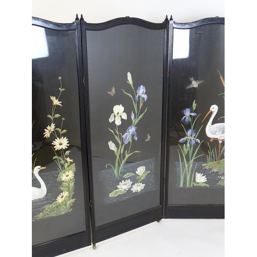 1532 - An Aesthetic movement three fold screen with hand painted detailing. 74