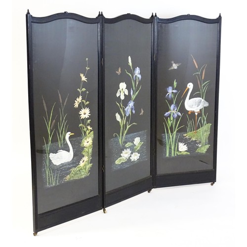 1532 - An Aesthetic movement three fold screen with hand painted detailing. 74