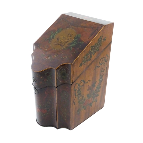 1272A - A late 18th / early 19thC mahogany knife box with a serpentine front decorated with hand painted flo... 