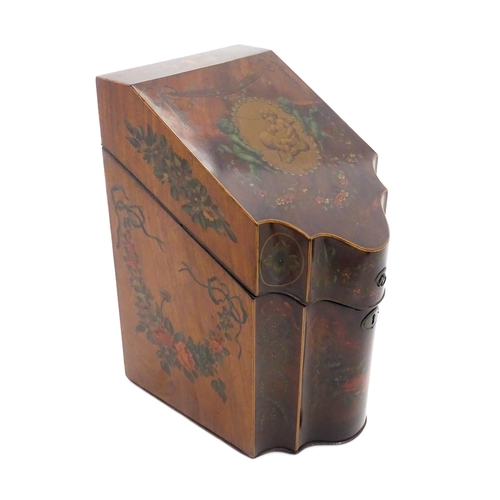 1272A - A late 18th / early 19thC mahogany knife box with a serpentine front decorated with hand painted flo... 