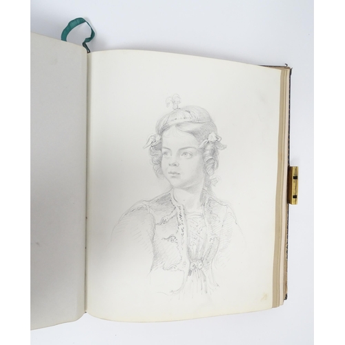 1939 - A 19thC scrapbook with various pencil, ink and watercolour drawings, to include an Old Master style ... 