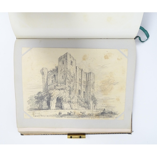 1939 - A 19thC scrapbook with various pencil, ink and watercolour drawings, to include an Old Master style ... 