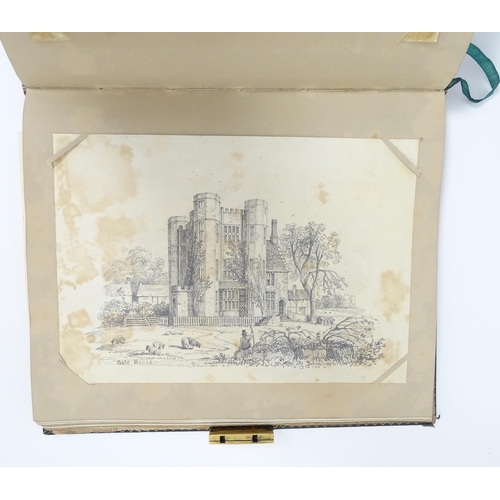 1939 - A 19thC scrapbook with various pencil, ink and watercolour drawings, to include an Old Master style ... 