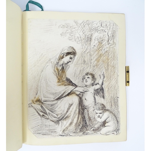 1939 - A 19thC scrapbook with various pencil, ink and watercolour drawings, to include an Old Master style ... 