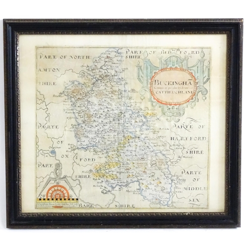 1958 - Map: A 17th / 18thC engraved map of Buckinghamshire, after Christopher Saxton (1540-1610) with hand ... 