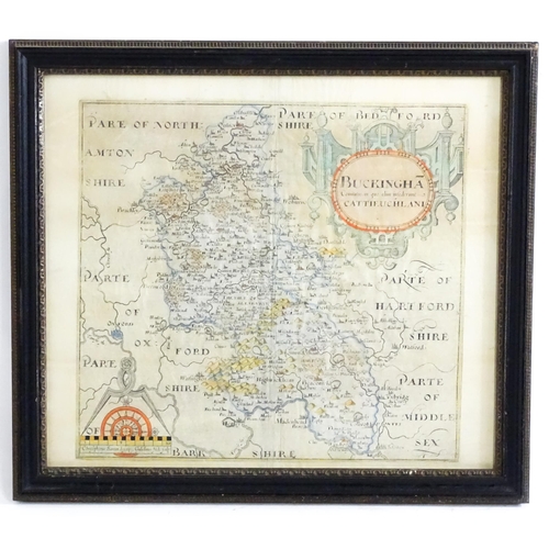 1958 - Map: A 17th / 18thC engraved map of Buckinghamshire, after Christopher Saxton (1540-1610) with hand ... 