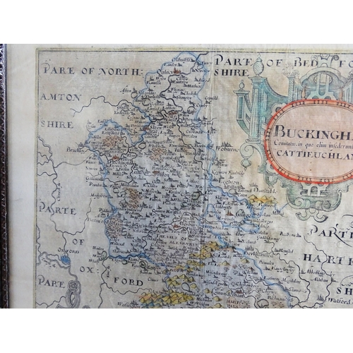 1958 - Map: A 17th / 18thC engraved map of Buckinghamshire, after Christopher Saxton (1540-1610) with hand ... 