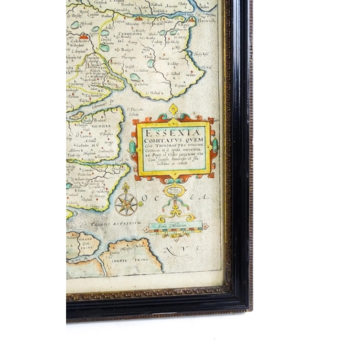 1959 - Map: A 17th / 18thC engraved map of Essex titled Essexia, after Christopher Saxton (1540-1610) with ... 