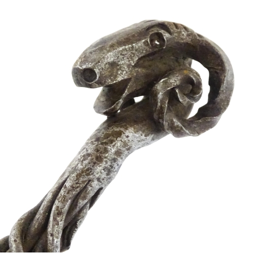 1303A - Two blacksmith made fire tools in the manner of Aaron Petersen with twist handle and rams head finia... 