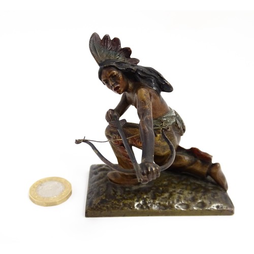 1030 - An Austrian cold painted bronze modelled as a Native American Indian with a bow and arrow. Approx. 3... 