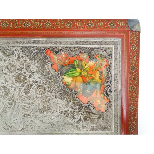 1114 - A Persian photograph album with lacquered boards decorated with a hand painted panel depicting a cou... 