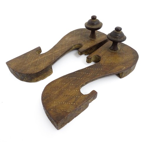 1142 - A pair of 19thC Indian carved hardwood paduka / khadaun sandals / shoes with incised detail. Approx.... 