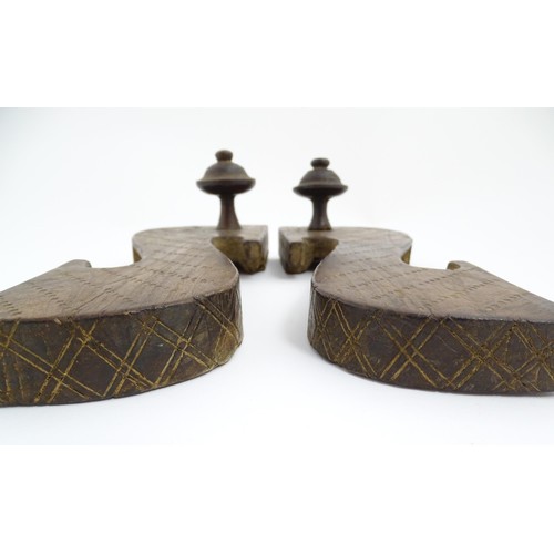 1142 - A pair of 19thC Indian carved hardwood paduka / khadaun sandals / shoes with incised detail. Approx.... 