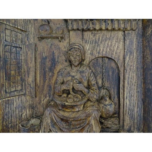 1266 - A late 19th / early 20thC relief carved oak panel depicting a Dutch interior with a woman preparing ... 