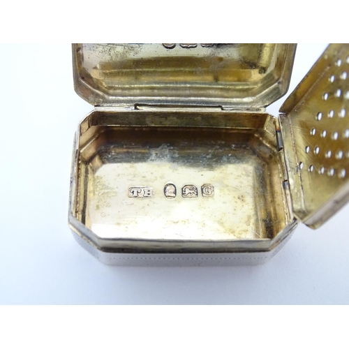 332 - A Geo III silver vinaigrette with engraved decoration opening to reveal a gilded interior hallmarked... 