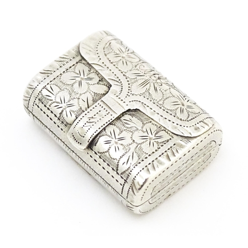 380 - A silver vinaigrette of purse form with engraved floral detail and gilded interior   hallmarked Birm... 