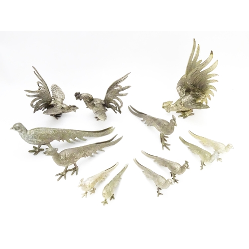 561 - Assorted silver plate menu / place card holders formed as pheasants together with 3 graduated models... 