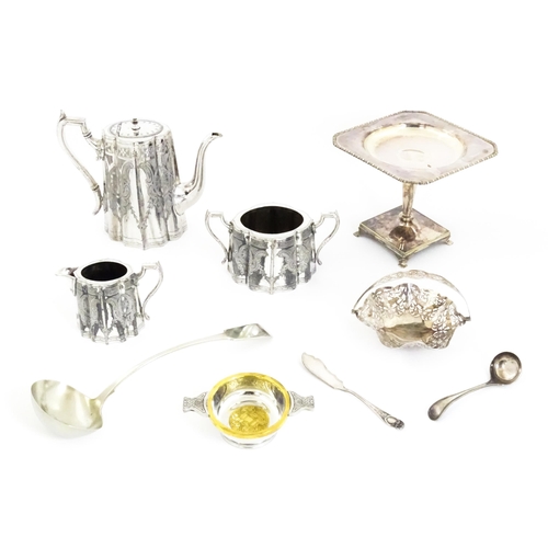 564 - A quantity of assorted silver plated items o include ladles, part tea set, tazza, quaich, bon bon di... 