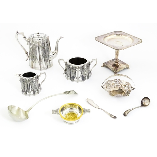 564 - A quantity of assorted silver plated items o include ladles, part tea set, tazza, quaich, bon bon di... 