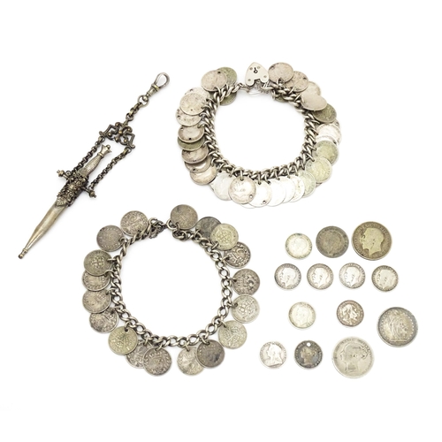 759 - Two silver bracelets set with Victorian and later three pence coins. Together with silver plate chat... 