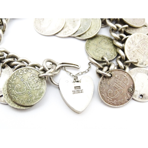 759 - Two silver bracelets set with Victorian and later three pence coins. Together with silver plate chat... 