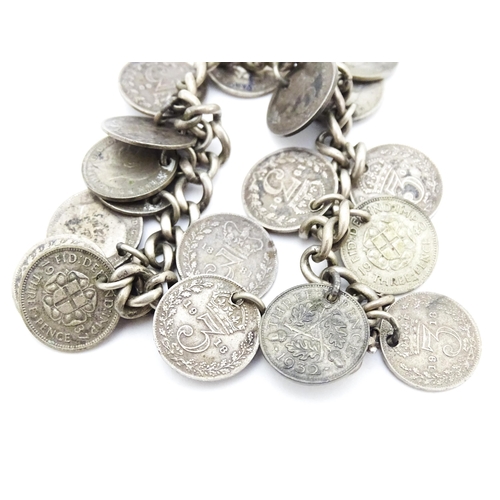 759 - Two silver bracelets set with Victorian and later three pence coins. Together with silver plate chat... 