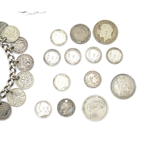 759 - Two silver bracelets set with Victorian and later three pence coins. Together with silver plate chat... 