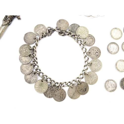 759 - Two silver bracelets set with Victorian and later three pence coins. Together with silver plate chat... 